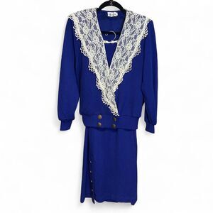 Vintage 80s Nilani knit blue royal sweater skirt set size 12